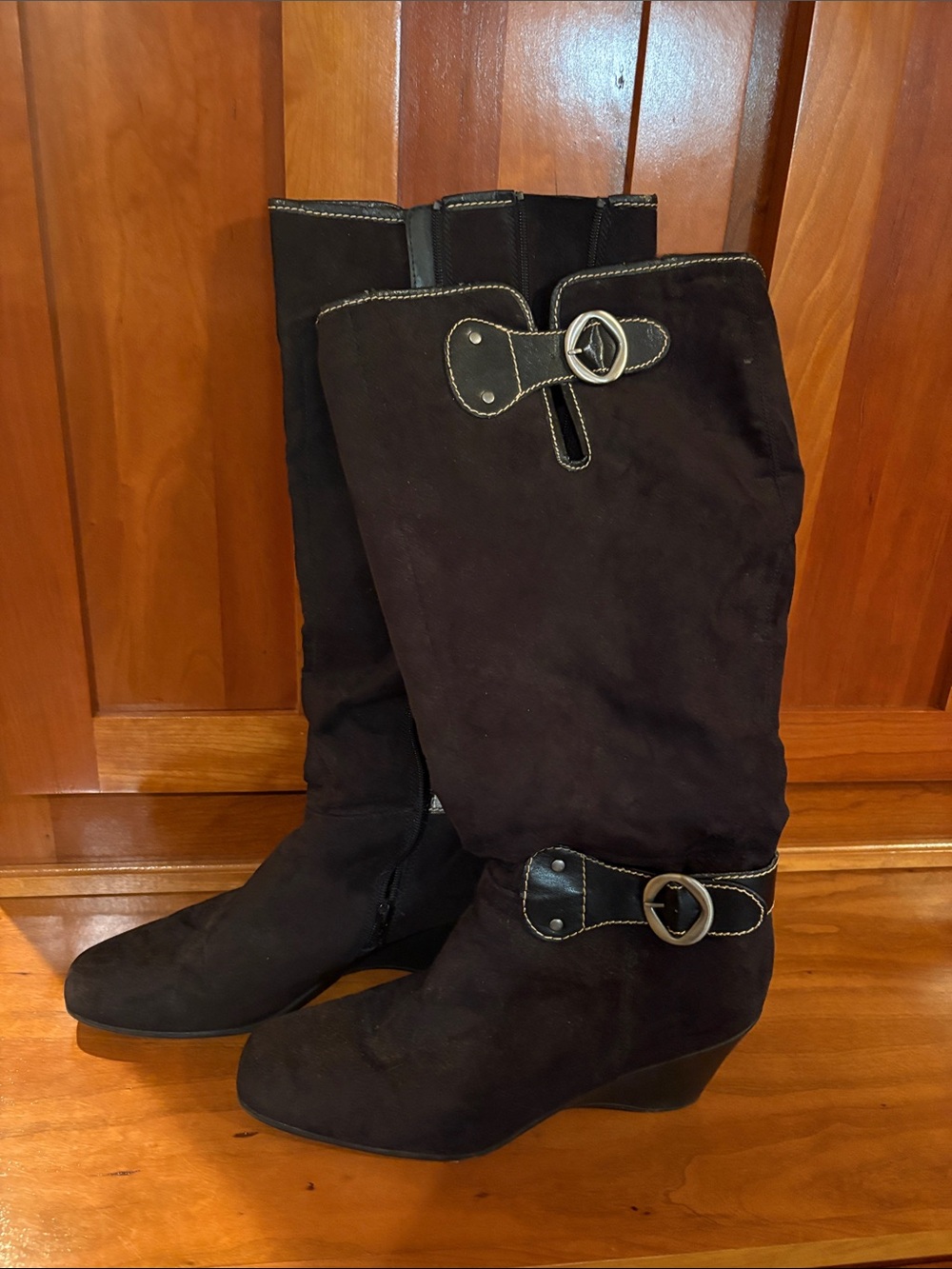 A2 By Aerosoles Black Suede Mid-Calf Wedge Boots with Buckle Straps